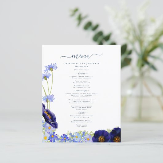 Modern Blauw Bloemen Boho Bruiloft Menu (Staand voorkant)