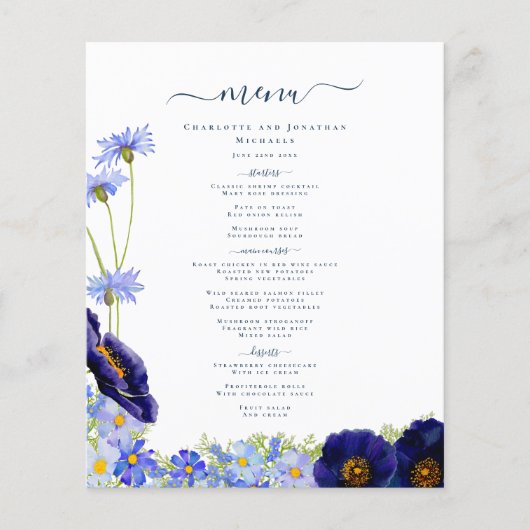 Modern Blauw Bloemen Boho Bruiloft Menu (Voorkant)