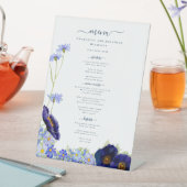 Modern Blauw Bloemen Boho Bruiloft Menu Reclamebord Met Voetstuk (Insitu)