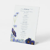 Modern Blauw Bloemen Boho Bruiloft Menu Reclamebord Met Voetstuk (Voorkant)