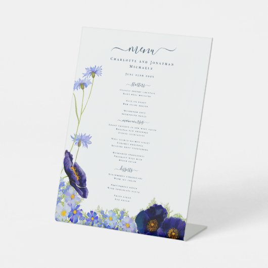 Modern Blauw Bloemen Boho Bruiloft Menu Reclamebord Met Voetstuk (Voorkant)