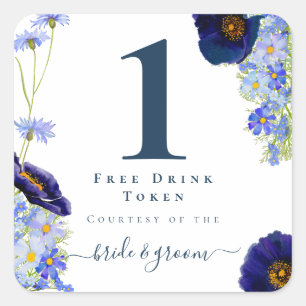 Modern Blauw Bloemen Bruiloft Drink Token Vierkante Sticker