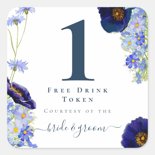 Modern Blauw Bloemen Bruiloft Drink Token Vierkante Sticker (Voorkant)