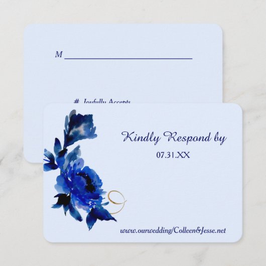 Modern Blauw Bloemen Goud Swirl Bruiloft RSVP (Voorkant / Achterkant)