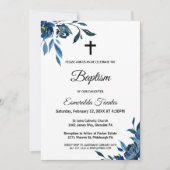 Modern Blauw Bloemen Kruis Doop Kaart (Voorkant)
