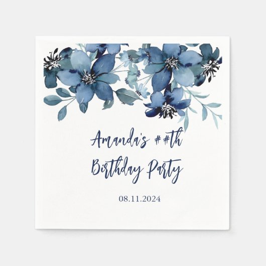 Modern Blauw Bloemen Verjaardagsfeest Servet (Voorkant)