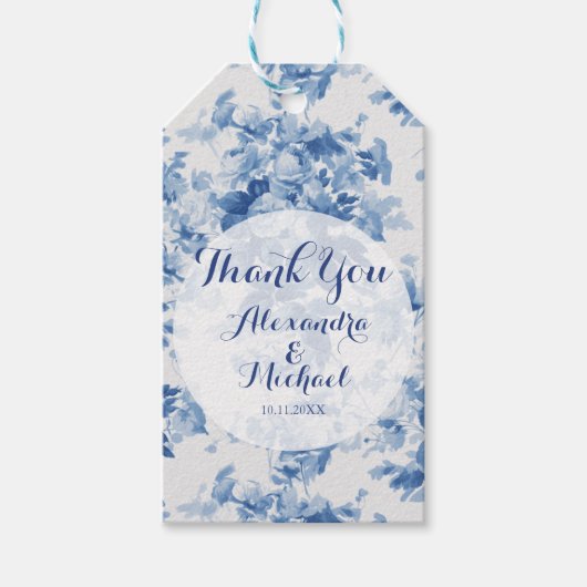 Modern Blauw Bloemen Waterverf Bruiloft Dank u Cadeaulabel (Voorkant)
