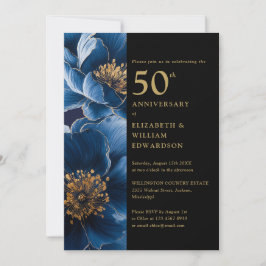 Modern Blauw Bloemen Zwart en Goud 50e Jubileum Kaart