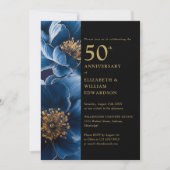 Modern Blauw Bloemen Zwart en Goud 50e Jubileum Kaart (Voorkant)
