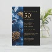 Modern Blauw Bloemen Zwart en Goud 50e Jubileum Kaart (Staand voorkant)