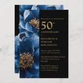 Modern Blauw Bloemen Zwart en Goud 50e Jubileum Kaart (Voorkant / Achterkant)