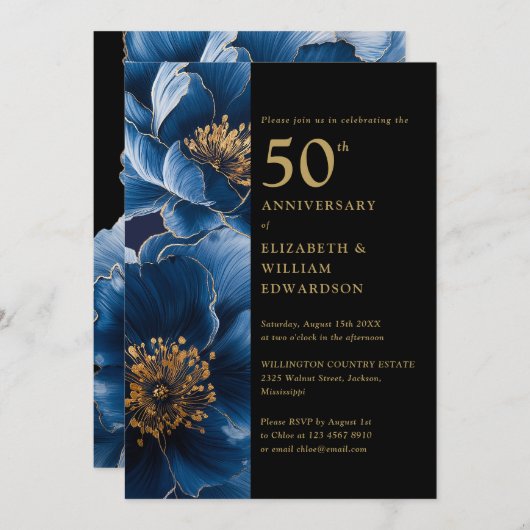 Modern Blauw Bloemen Zwart en Goud 50e Jubileum Kaart (Voorkant / Achterkant)