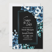 Modern Blauw Bloemen Zwart Save the Date Kaart (Voorkant)