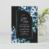 Modern Blauw Bloemen Zwart Save the Date Kaart (Staand voorkant)