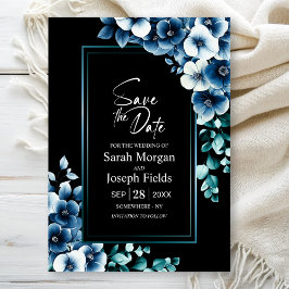 Modern Blauw Bloemen Zwart Save the Date Kaart