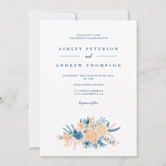 Modern blauw bloemenbruiloft chique waterverf kaart (Voorkant)