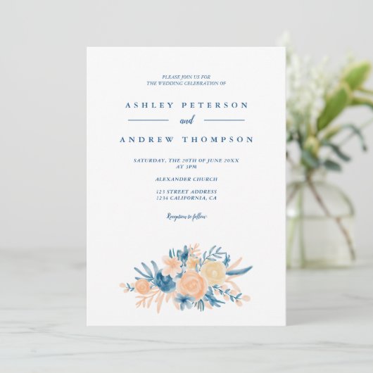Modern blauw bloemenbruiloft chique waterverf kaart (Staand voorkant)