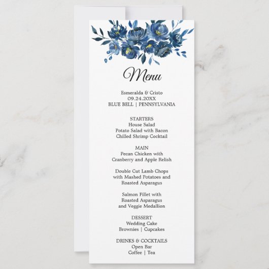 Modern Blauw Bloemendiner Menu Kaart (Voorkant)