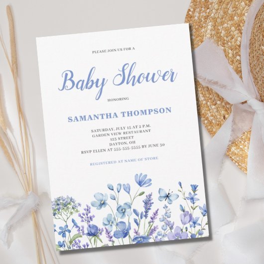 Modern blauw bloemig Baby shower Kaart