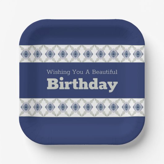 Modern blauw bloemig geaccentueerd papieren bordje (Voorkant)