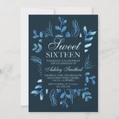 Modern blauw botanisch blad waterverf Sweet 16 Kaart (Voorkant)