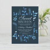 Modern blauw botanisch blad waterverf Sweet 16 Kaart (Staand voorkant)