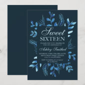 Modern blauw botanisch blad waterverf Sweet 16 Kaart (Voorkant / Achterkant)