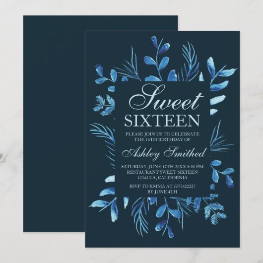 Modern blauw botanisch blad waterverf Sweet 16 Kaart (Voorkant / Achterkant)