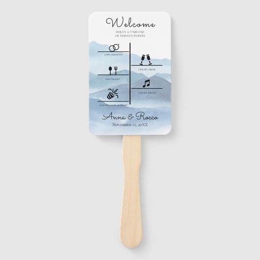 Modern Blauw Bruiloft Tijdlijn Fotoprogramma Handwaaier (Voorkant)