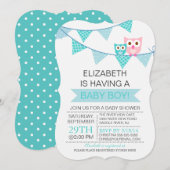 Modern Blauw Bunting Pennant Uil Boy Baby shower Kaart (Voorkant / Achterkant)