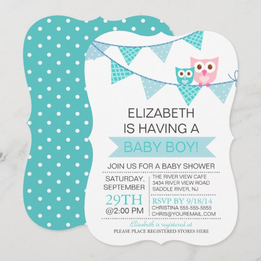 Modern Blauw Bunting Pennant Uil Boy Baby shower Kaart (Voorkant / Achterkant)