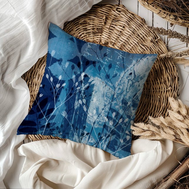 Modern blauw cyanotype botanisch blad kussen (Creator heeft geüpload)