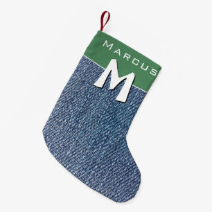 Modern Blauw Denim Jeans Monogram Naam Kinder Kleine Kerstsok