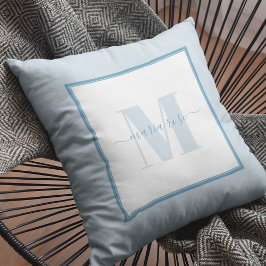 Modern Blauw Eenvoudig Monogram Naam Kussen