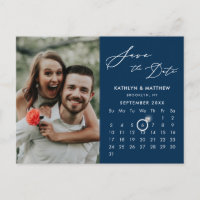 Modern Blauw Elegant Script Photo Save the Date