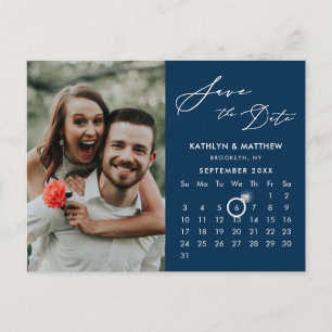 Modern Blauw Elegant Script Photo Save the Date Aankondigingskaart