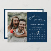 Modern Blauw Elegant Script Photo Save the Date Aankondigingskaart (Voorkant / Achterkant)