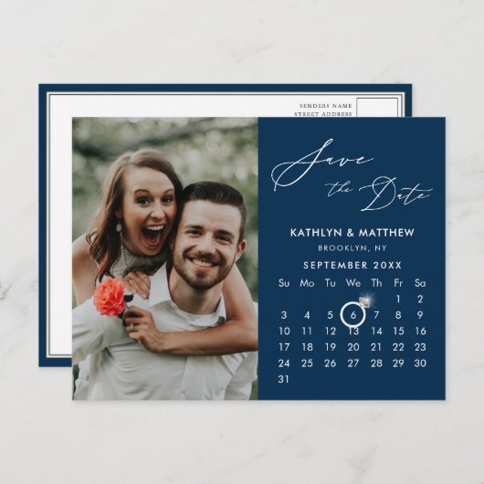 Modern Blauw Elegant Script Photo Save the Date Aankondigingskaart (Voorkant / Achterkant)