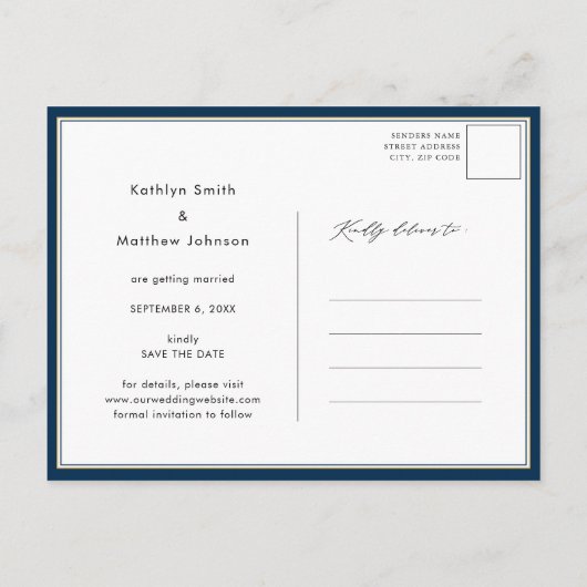 Modern Blauw Elegant Script Photo Save the Date Aankondigingskaart (Achterkant)