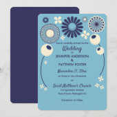 Modern blauw en crème geometrische bloemen bruilof kaart (Voorkant / Achterkant)