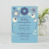 Modern blauw en crème geometrische bloemen bruilof kaart (Staand voorkant)