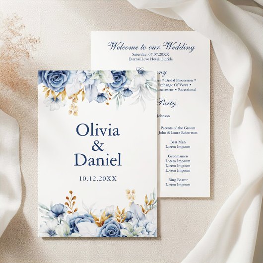 Modern Blauw en Goud Bloemen Huwelijksprogramma Programmakaart