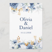 Modern Blauw en Goud Bloemen Huwelijksprogramma Programmakaart (Voorkant)