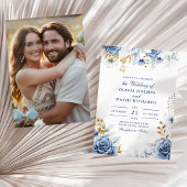 Modern Blauw en Goud Bloemen Paar Foto bruiloft Kaart