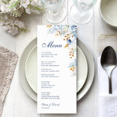 Modern Blauw en Goud Bloemen Wedding Menu Kaart