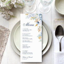 Modern Blauw en Goud Bloemen Wedding Menu Kaart