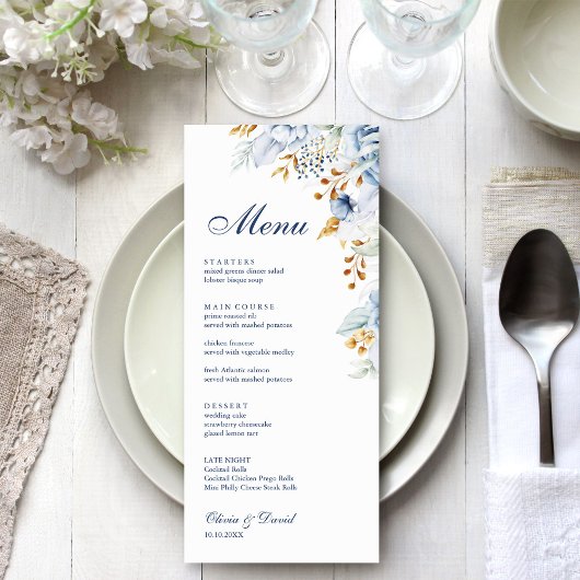 Modern Blauw en Goud Bloemen Wedding Menu Kaart