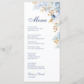 Modern Blauw en Goud Bloemen Wedding Menu Kaart (Voorkant)