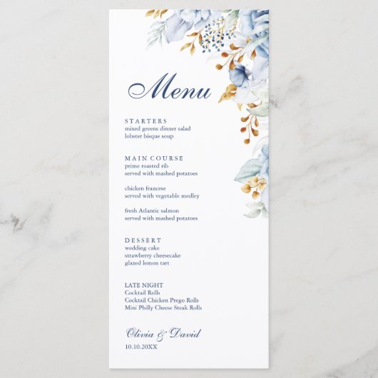 Modern Blauw en Goud Bloemen Wedding Menu Kaart (Voorkant)
