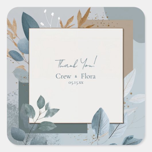 Modern blauw en goud geometrische botanische bruil vierkante sticker (Voorkant)
